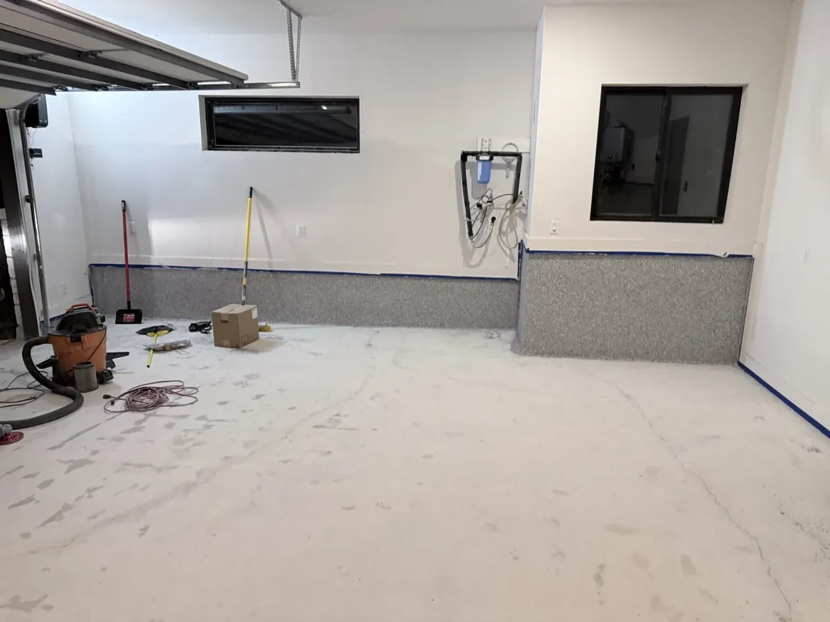 Garage floor coating flake progress on first Mane epoxy project